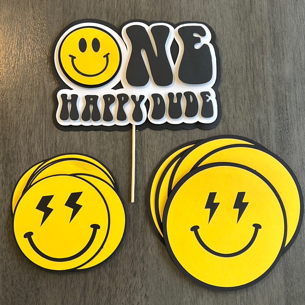ONE Happy Dude birthday decorations, cake topper, and cut outs